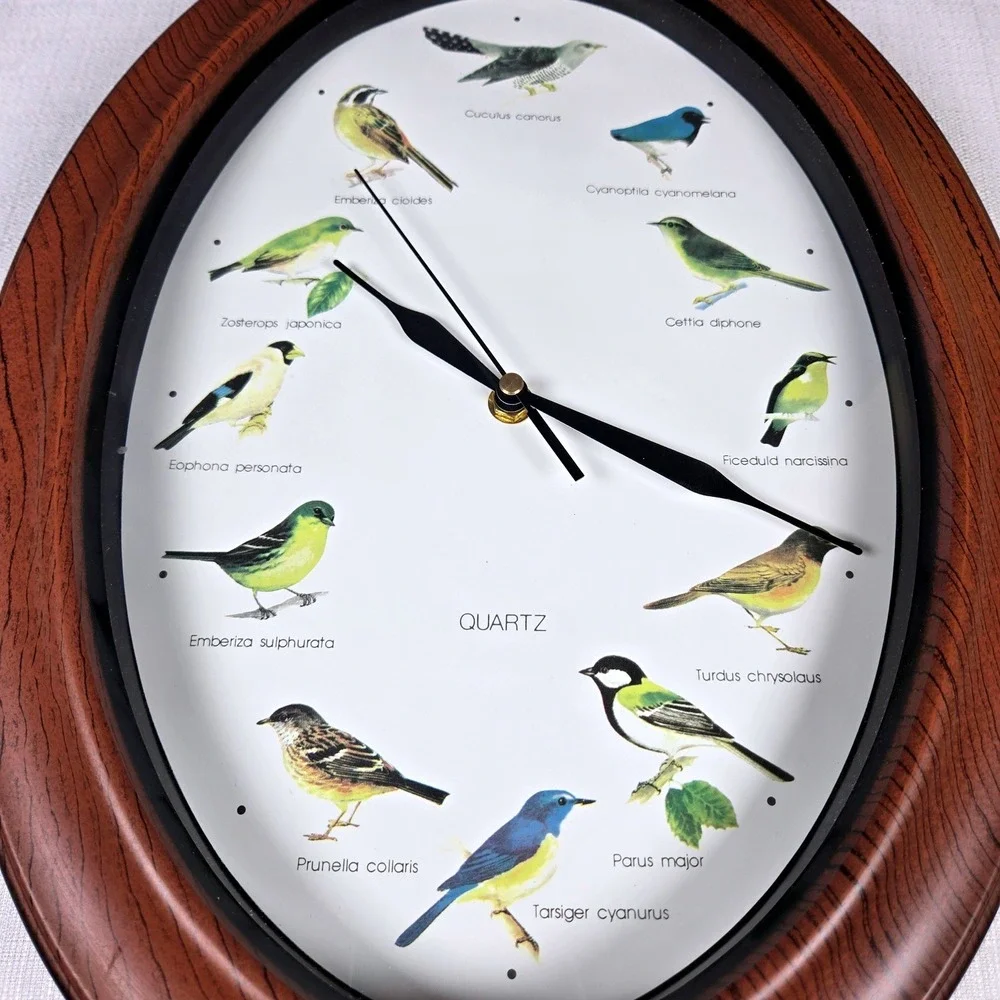 Vintage Oval Quartz Bird Illustration Wall Clock – Faux Wood Grain Frame